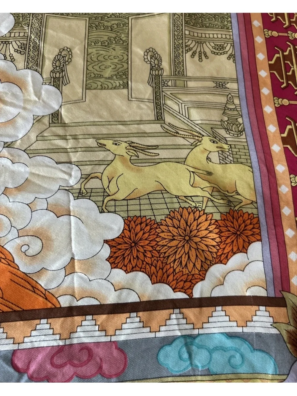Silk Scarf 34” Tibetan Asian Temple Floral Crane Hand Rolled Fuchsia